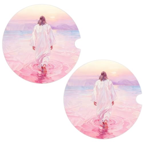 Christian Car Coasters Set of 2, Pink Religious Jesus Car Accessories, 19 - color: Pink Religious Jesus