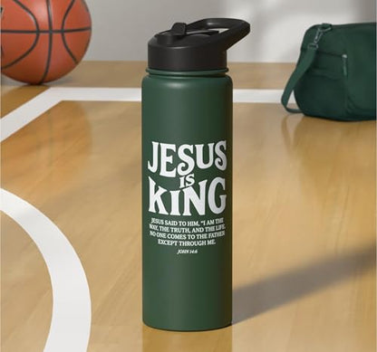 Jesus Is King John 14 6 Faith Bible Verse Stainless Steel Insulated Water Bottle - color: Dark Green