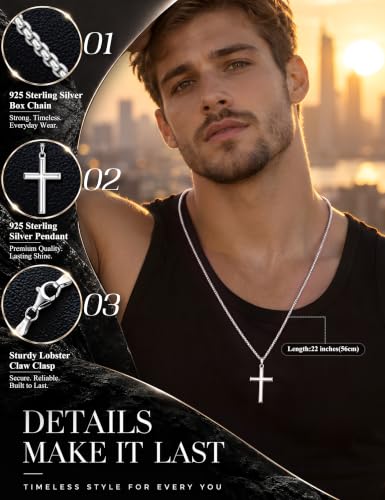 MILACOLATO Solid 925 Sterling Silver Cross Necklace for Men Women 16-24 in - color: Sterling Silver Box Chain, size: 22 in=56 cm