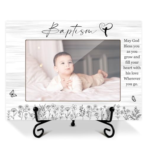 Baptism Picture Frame, Baby Blessings Christian Gifts from Godparents Friends Family, Wooden Photo Frame With Iron Stand, Tabletop Decor -32