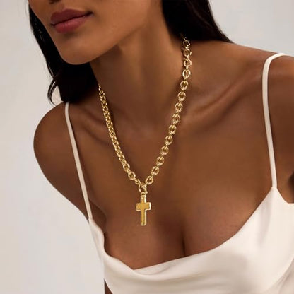 LULII Cross Necklace for Women Dainty 14K Gold Silver Plated Small Cross Pendant Choker Simple Cute Cross Gold Necklace for Women Trendy Faith Jewelry Gift - color: Chunky Cross Necklace-Gold