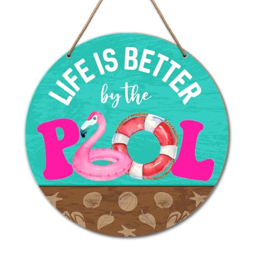 Summer Pool Hanging Sign Wall Decor, Tropical Pool Flamingo Swim Rings Wooden Hanging Sign Decorations for Swimming Pool Home Yard Patio Beach, Life Is Better by The Pool - color: Summer Pool