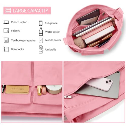 KALIDI Canvas Tote Bag Zipper Large Crossbody Shoulder Bag Messenger Bag - color: Upgraded Pink