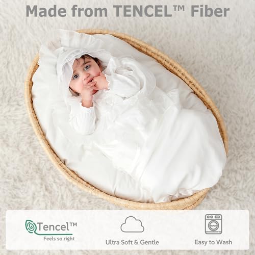 Silky Tencel Hooded Baptism Christening Blanket, Cross Gift, 40"x40" - color: White+ Silver Cross Embroidery