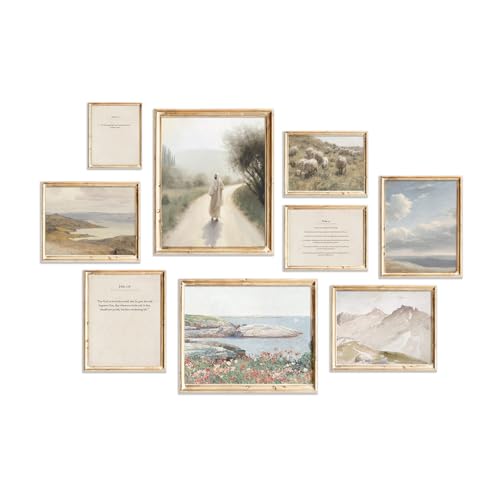 TWNSLLA Christian Wall Art Set of 9,Classic Bible Verses Wall Decor,Rustic Nature Sea&Mountain Landscape Pictures Jesus Wall Art,Vintage Christian Home Decor Aesthetic Posters,Unframed - color: Christian