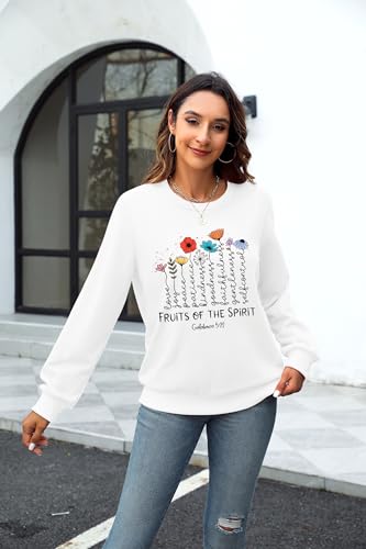 KIDDAD Christian Sweatshirts for Women Jesus Sweatshirt Bible Verse Sweatshirt Fruits of the Spirit Long Sleeve Pullover - color: White, size: Small