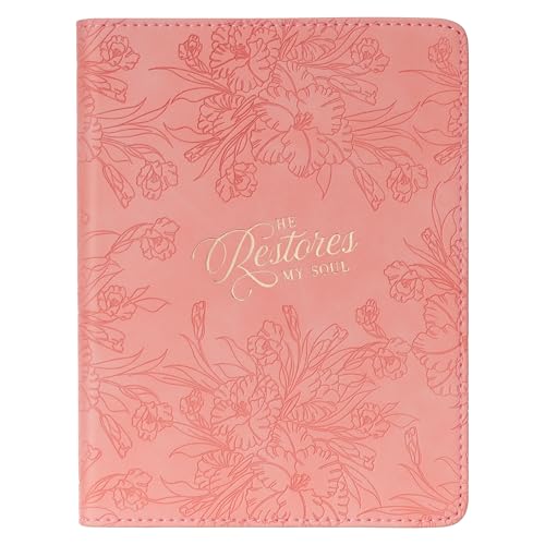 Christian Art Gifts Inspirational Handy-sized Journal, He Restores My Soul Wide Ruled Notebook, Psalm 23:3 Bible Verse, Pink Vegan Leather Floral, 240 Lined Pages w/scripture, (7.2” x 5.4” x .75”)