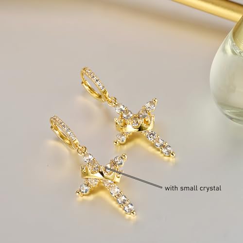 Crown Cross Earrings for Women Gold Cross Hoop Earrings Silver Crystal Crown Huggie Earring Dainty Cute Religious Dangle Earring Trendy Jewelry Accessories - color: gold