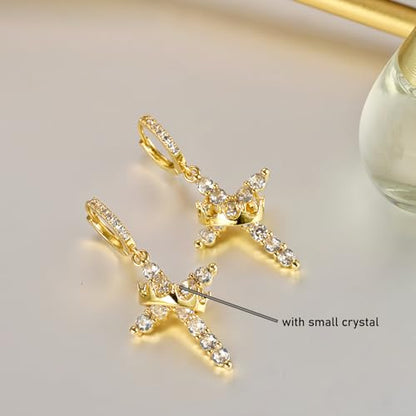 Crown Cross Earrings for Women Gold Cross Hoop Earrings Silver Crystal Crown Huggie Earring Dainty Cute Religious Dangle Earring Trendy Jewelry Accessories - color: gold