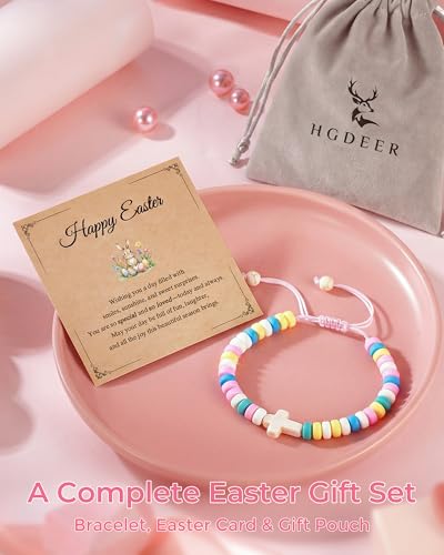 HGDEER Easter Basket Stuffers for Kids, Adjustable Cross Bracelet, Christian Religious Easter Communion Baptism Gifts Jewelry - color: Easter