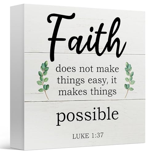 Christian Decor Box Sign for Home Office, Faith Does Not Make Things Easy, It Makes Things Possible, Scripture Wooden Sign 5x5 Inches - color: Brown