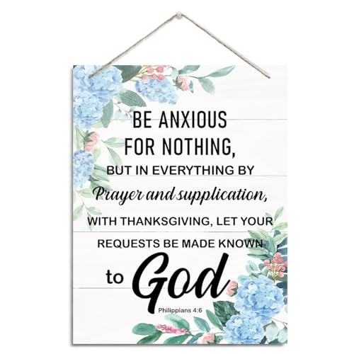 Christian Decor Rustic Hanging Wood Plaque, Positive Mindset Sign for Wall Decor, Philippians 4:6 Bible Verse, 'Be Anxious for Nothing' Sign - color: Philippians 4:6