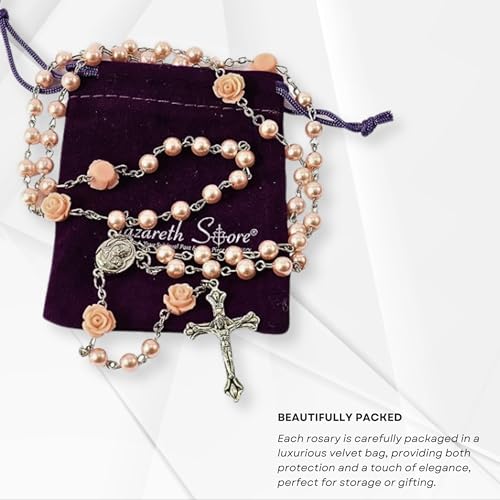 Nazareth Store Pink Pearl Catholic Rosary Necklace with 6mm Beads Rose Markers Madonna Holy Soil Medal Silver-Plated Crucifix 20 Inch