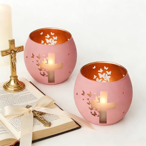 Religious Gifts for Women & Girls, Set of 2 Pink Butterfly Cross Tealight Candle Holders for Table Decor, Christian Baptism, Confirmation, Memorial, Easter Gift
