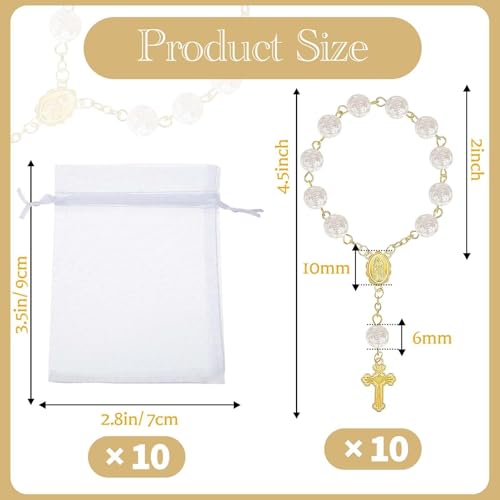 10 Set Baptism Party Favors Mini Rosary Beads Faux Pearls with Organza Bags for Christening Weddings First Communion Party Favors - style: Gold Rose