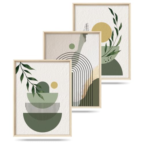 HOURIA Boho Sage Green Geometric Framed Canvas Wall Art Set- 12"x16"x3 - color: Boho Sage Green Wall Art, size: 12"L x 16"W