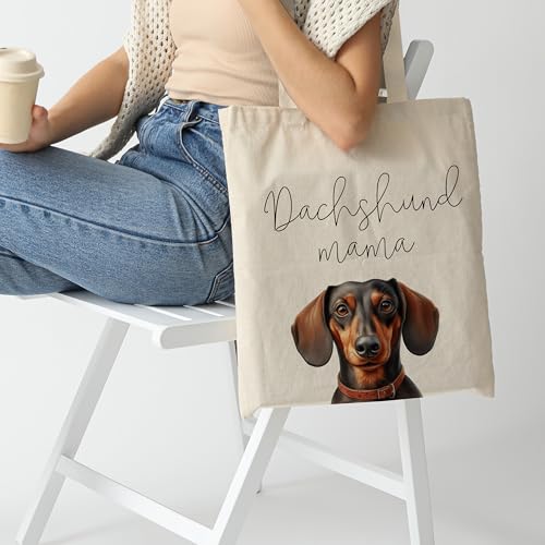 Dog Mom Canvas Tote Bag for Women, Reusable Cotton Shoulder Bag, Dog Lover Gift, Mother’s Day Pet Mom Shopping Tote - color: Dachshund