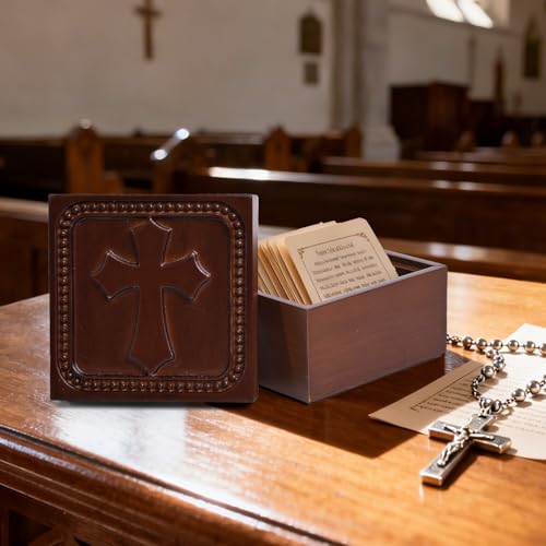 Wooden Cross Prayer Keepsake Box of Christian, Rosary Box for Religious Jewelry, Hand-Carved Catholic Rosary Holder Boxes Gifts for Women & Men, Baptism Communion Memorial Sympathy Gifts, No Card
