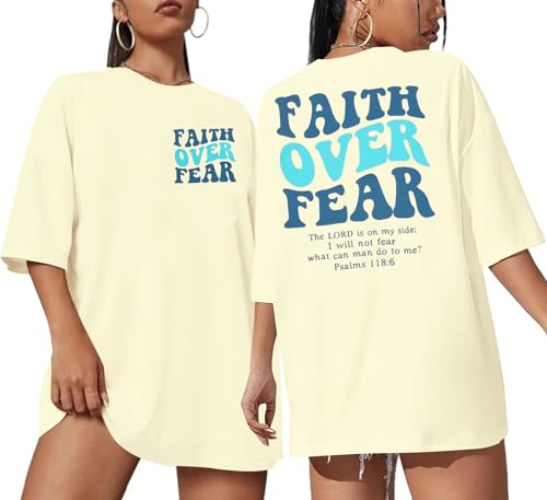BANGELY Faith Over Fear Shirt Women Graphic Shirts Oversized Workout Gym Christian Religious Tees Drop Shoulder Tee Tops - color: Apricot, size: Small