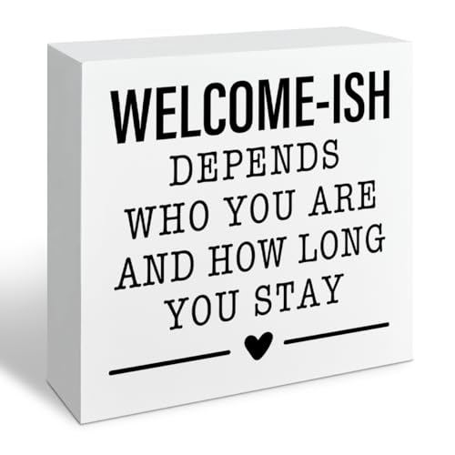 Funny Farmhouse Sign, Welcome-ISH Depends Who You Are Rustic Wood Farmhouse Sign, Living Room Decor, Entrance Decoration, Box Signs Decor Tabletop, Home Decoration, 5.1x5.1inches - color: Home 12