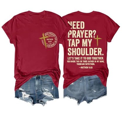Christian Shirts for Men Women Need Prayer Tap My Shoulder Shirt Christian Religious Faith Bible Verse Cross Shirt - color: Claret, size: Small