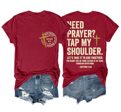 Christian Shirts for Men Women Need Prayer Tap My Shoulder Shirt Christian Religious Faith Bible Verse Cross Shirt - color: Claret, size: X-Large