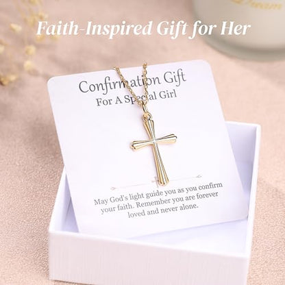 GAVU Catholic Confirmation Gifts, 18K Gold Plated Stainless Steel Cross Necklace, Dainty Cross Charm Necklace