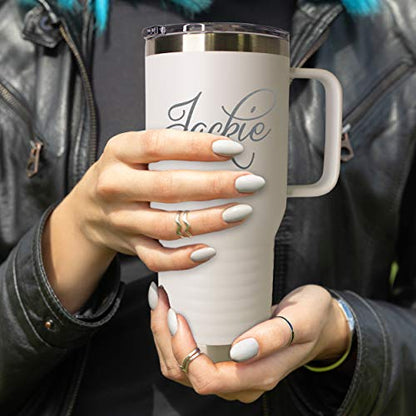 The Wedding Party Store Personalized 20 oz Stainless Steel Powder Coated Vacuum Insulated Double Walled Travel Tumbler Coffee Mug with Handle and Lid (White) - color: White