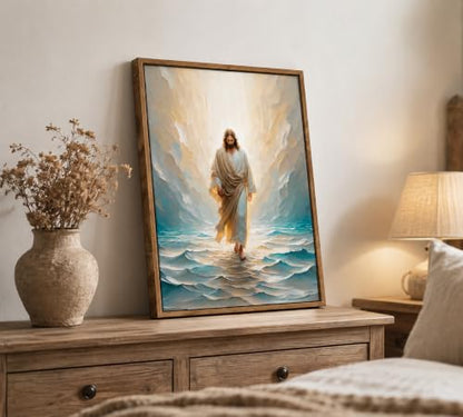 CXKAWM Framed Jesus Walking on Water Canvas Wall Art, 16x24in - color: Framed Jesus Walking, size: 16x24in
