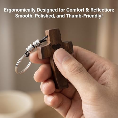 INSYOHO 12Pcs Wooden Cross Fidget - Small Pocket Cross My Heart Keychain with Card Organza Bag, Stress Anxiety Relief Encouragement Inspirational Handheld Prayer Keychain Christian Religious Gift