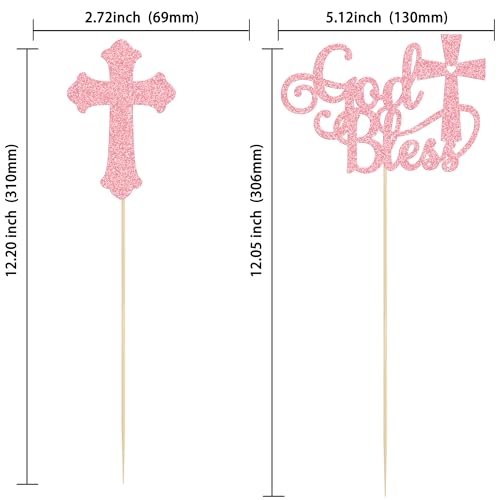 Gyufise 12Pcs God Bless and Cross Centerpiece Sticks Double Sided Cross God Bless Table Flower Centerpieces Sticks First Communion Baptism Decorations for God Bless Theme Party Supplies Pink - color: Pink
