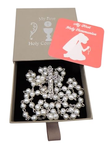 Westmon Works Girl's First Communion Rosary Glass Beads Metal Chalice and Crucifix with Holy Card Deluxe Boxed Gift Set
