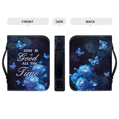 Dellukee Bible Cover for Women Blue Butterfly Flowers God is Good All The Time Print Leather Bible Bag Study Book Case Covers - color: Blue Butterfly Flowers God is Good, size: Large-bible size ≤9.2*6*1.6 inch