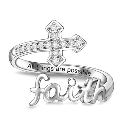 Helonley Cross Faith Ring for Women - 925 Sterling Silver Inspiration Rings - style: All Things Are Possible