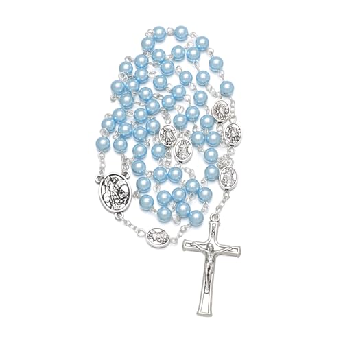 KOMI 6mm Glass Pearl Rosary Beads Catholic for Women with Metal Rosary Box Religious Gifts - style: St Michael-blue