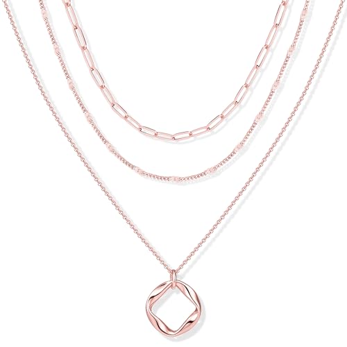 Poxtex Layered Gold Necklaces for Women, Stackable Dainty 14K Gold Silver Plated Trendy Simple Heart Diamond Cross Bow Circle Pendant Paperclip Choker Dot Chain Necklace,Jewelry Set Gifts for Women - color: Rose Gold, style: Circle1