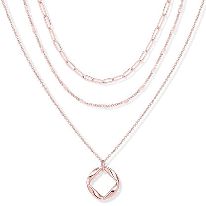 Poxtex Layered Gold Necklaces for Women, Stackable Dainty 14K Gold Silver Plated Trendy Simple Heart Diamond Cross Bow Circle Pendant Paperclip Choker Dot Chain Necklace,Jewelry Set Gifts for Women - color: Rose Gold, style: Circle1