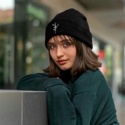 Black Beanie Hat for Men Women Embroidered Knit Winter Beanies Cap - color: Christian
