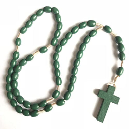 COLORFUL BLING Natural Wooden Catholic Rosaries Wood Crucifix Prayer Beads Pendant Necklace Prayer Jesus Religious Cross Rosary Necklace Handmade Jewelry - color: green pure