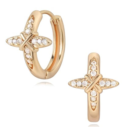 Huggie Hoop Earrings for Women Gold CZ Stud Earrings 14K Gold Filled Small Boho Huggie Earrings Hypoallergenic Piercing Hoops Jewelry - style: Cross