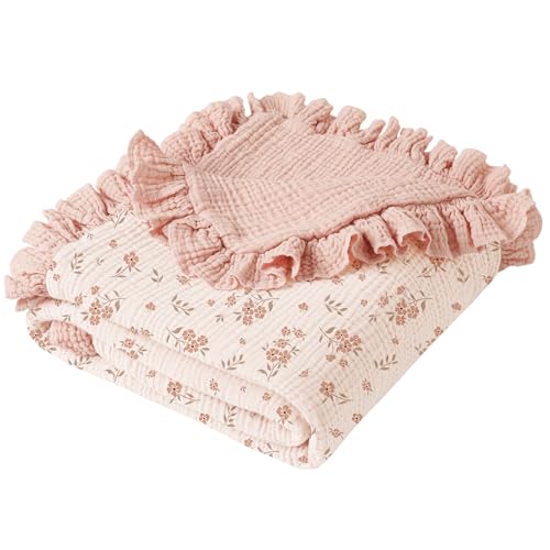 Konssy 100% Cotton Muslin Baby Blanket with Ruffle Trim for Girls, 43"x39" - color: Blossom