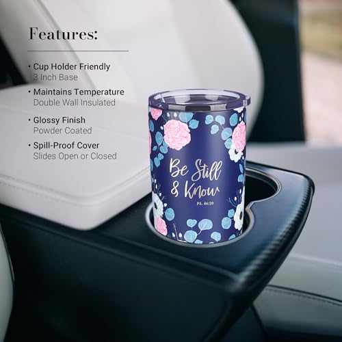 Christian Art Gifts Stainless Steel Double-Wall Vacuum Insulated Travel Mug 18 oz Navy Blue with Pink Floral Tumbler with Lid for Women with Inspirational Bible Verse - Be Still & Know -Psalm 46:10 - color: Navy Blue/Be Still