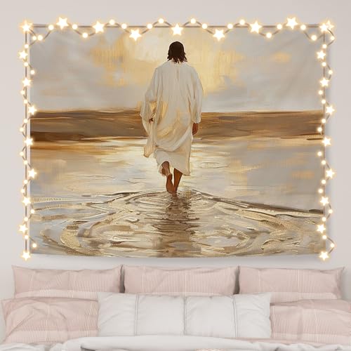 AQYIP Jesus Walking on Water Christian Tapestry, Jesus Christian Tapestry Decorative, Catholic Religious Wall Blanket Decor for Church Home Living Prayer Room Bedroom, 50x60 Inch - color: Jesus Walking on Water