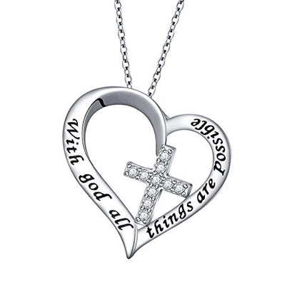 S925 Sterling Silver Christian Cross Heart Faith Bible Verse Necklace Rings - style: with god all things are possible