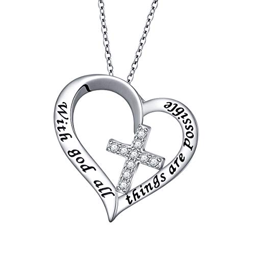 S925 Sterling Silver Christian Cross Heart Faith Bible Verse Necklace Rings - style: with god all things are possible