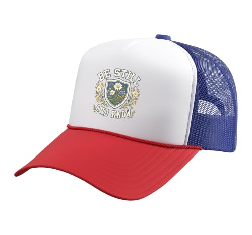 Be Still and Know for Women Christian Bible Verse Vintage Trucker Hat with Adjustable Mesh Back - color: Red/White/Royal Blue