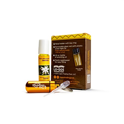 Jasmin Anointing Oil from Israel Boxed Gift Set with Dispenser, Holy Jerusalem Oil & Gold Metal Keychain Bottle Container, Plastic Dropper & Small Glass Vial, Aceite Ungido y Botella - color: Gold, style: Jasmin