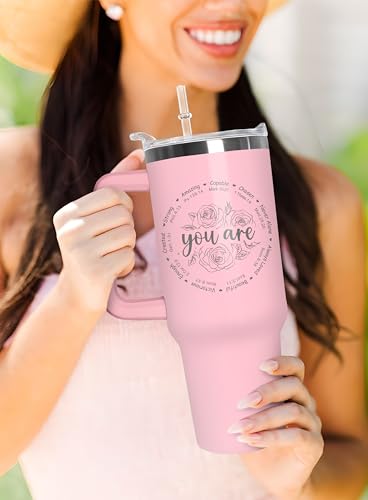 Christian Tumbler with Handle and Straw, 40 oz Vacuum Insulated Water Bottle Stainless Steel, Leak Proof Travel Mug, Inspirational Religious Belief Gifts for Her Women Girl Christmas Mothers Day - color: Pink
