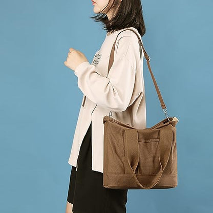 Canvas Tote Bag for Women,Small Totes Bags with Zipper Crossbody Purse with Pockets Large Shoulder Handbag,2 Sizes - color: Brown, size: Small