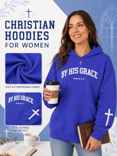 FAYALEQ Christian Sweatshirt By His Grace Letter Print Hoodie Christian Religious Sayings Sweater Bible Pullover Tops - color: Blue, size: Large